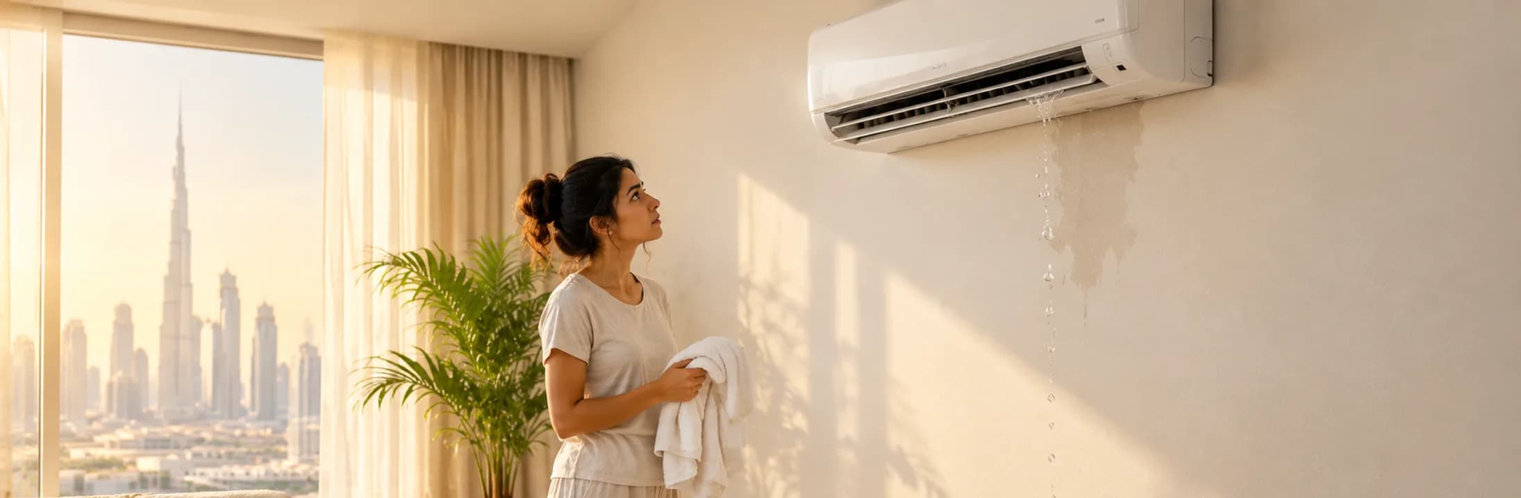 Woman holding a towel and looking up at water dripping from a wall-mounted split air conditioner in a Dubai apartment