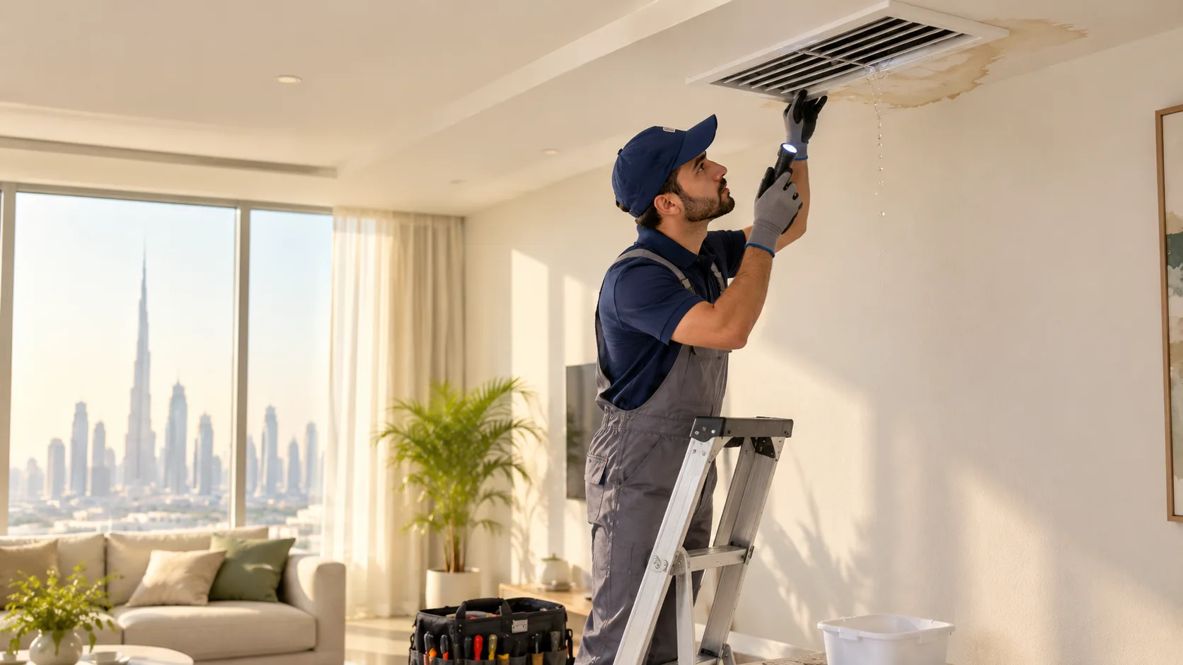HVAC technician on a step ladder inspecting a dripping ceiling air vent with a brown water stain in a Dubai apartment